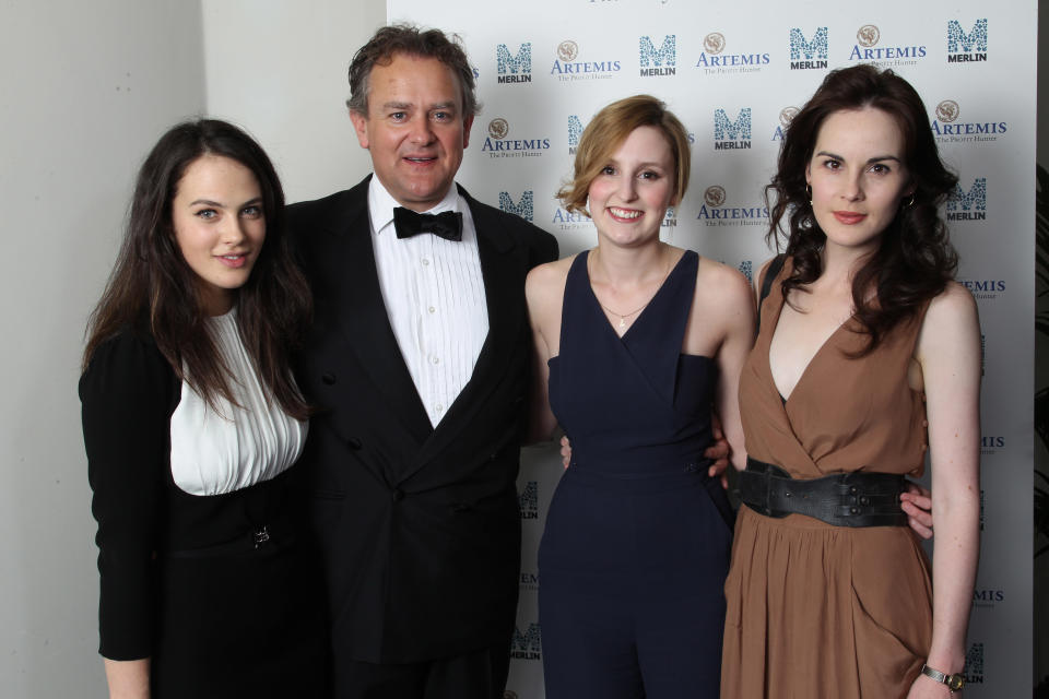 LONDON, ENGLAND - JULY 14: (EXCLUSIVE COVERAGE) L-R Jessica Brown Findlay, Hugh Bonneville, Laura Carmichael and Michelle Dockery attend an Evening With Downton Abbey - Raising Money For Merlin - The Medical Relief Charity at The Savoy Hotel on July 14, 2011 in London, United Kingdom. (Photo by Dave J Hogan/Getty Images)