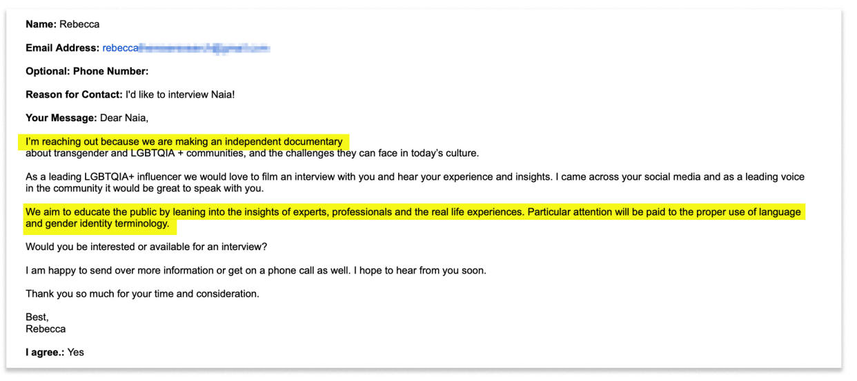 Screenshot of an email sent to Naia Ōkami requesting an interview with her for the transgender documentary on Sept. 8, 2021. (Courtesy Naia Ōkami)