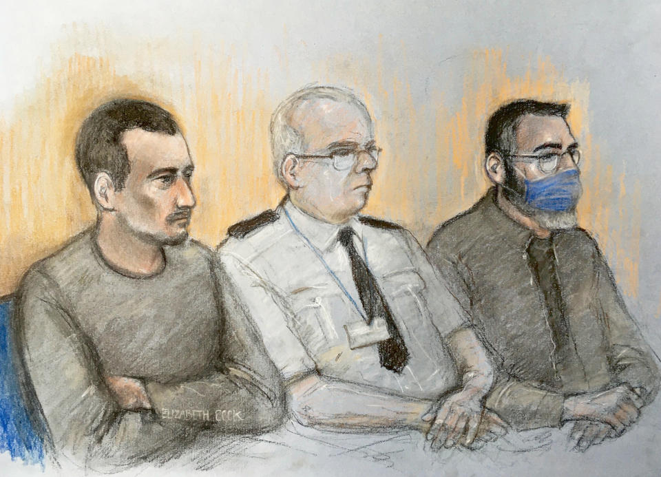 Court artist sketch by Elizabeth Cook of Christopher Kennedy (left) and Valentin Calota (right) two of four men to face trial, at the Old Bailey in London, for being part of an alleged people-smuggling ring linked to the death of 39 migrants in a lorry in Essex.