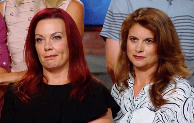 Fiona and Nicole's reaction to the judges' comments. Photo: Seven