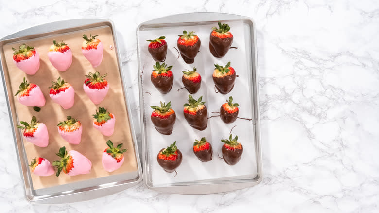 Chocolate covered strawberries on baking trays