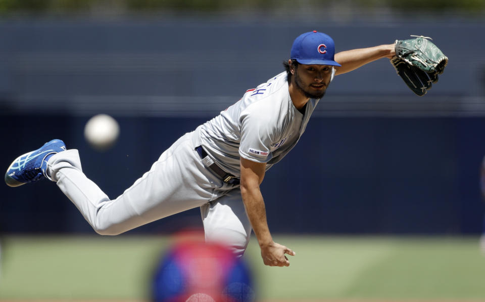 Chicago Cubs starting pitcher Yu Darvish works against a San Diego Padres batter during the first inning of a baseball game Thursday, Sept. 12, 2019, in San Diego. (AP Photo/Gregory Bull)