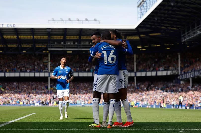 Abdoulaye Doucoure of Everton celebrates with his team mates after scoring a goal to make it 1-0 during the Premier League match between Everton FC and Sheffield United at Goodison Park on May 11, 2024 -Credit:Photo by James Baylis - AMA/Getty Images