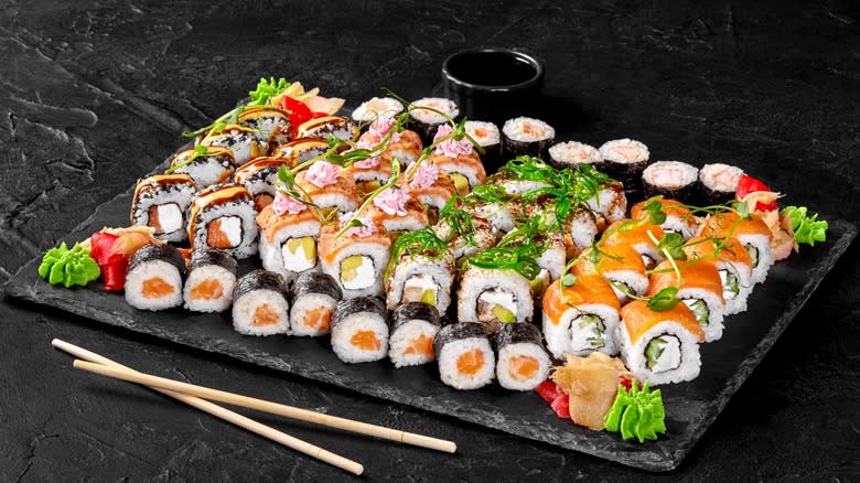 A platter of sushi rolls