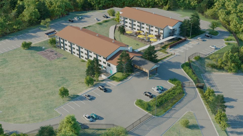 Renderings of future 113 permanent supportive housing units at the former Ramada Inn in East Asheville.