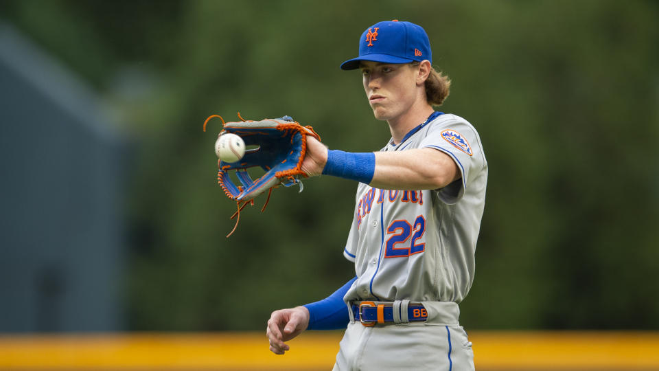 New York Mets' Brett Baty warms up before the team's baseball game against the Atlanta Braves on Wednesday, Aug. 17, 2022, in Atlanta. (AP Photo/Hakim Wright Sr.)