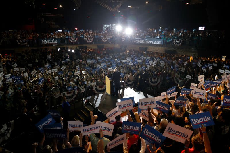 U.S. Democratic presidential candidate Senator Bernie Sanders celebrates after being declared the winner of the Nevada Caucus as he holds a campaign rally in San Antonio