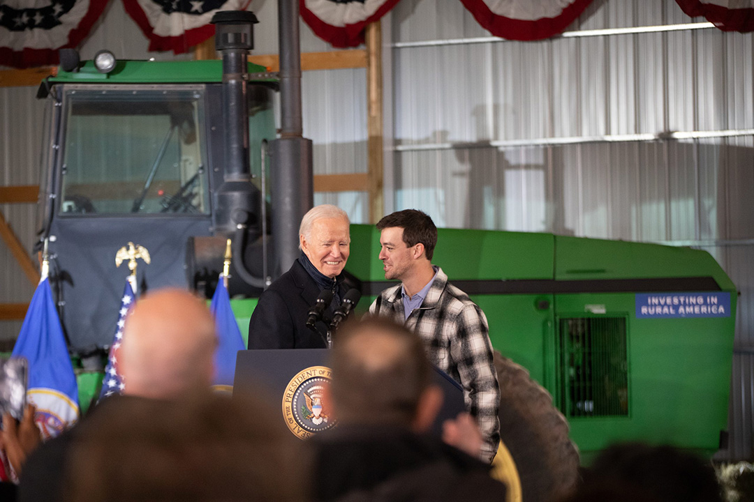 Brad Kluver of Dutch Creek Farms, speaking with President Joe Biden, is a third-generation farmer.
