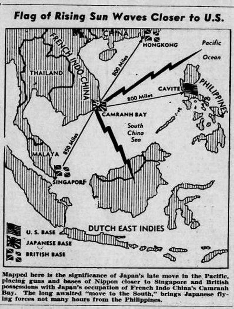 Front page of the San Luis Obispo Telegram-Tribune on July 26, 1941, documents war preparations and the cut off of oil to Japan. It also included this map illustrating the Japanese invasion of French Indo-China, later Vietnam.