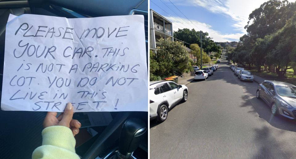 Left image is of the note on the parked car. Right image of cars along Mount Street in Coogee.