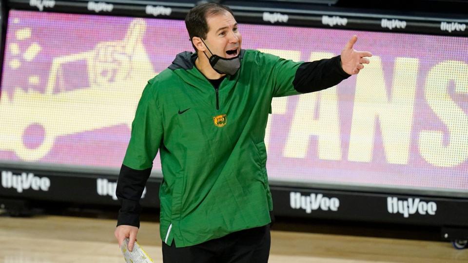 Mandatory Credit: Photo by Charlie Neibergall/AP/Shutterstock (11677210t)Baylor head coach Scott Drew questions a call against his team during the first half of an NCAA college basketball game against Iowa State, in Ames, Iowa.