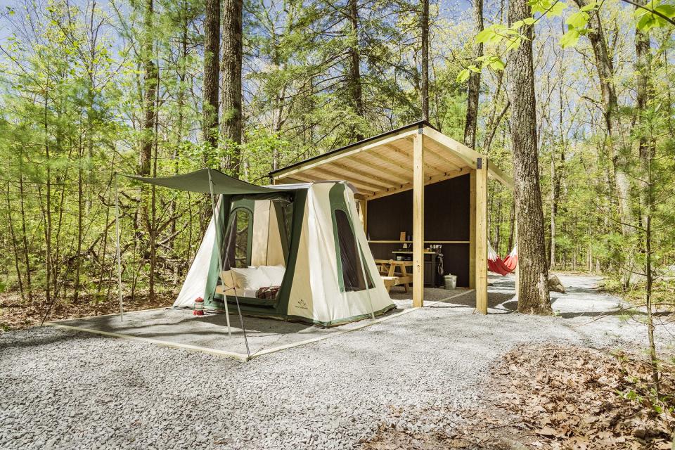 A hammock and tent at the Getaway Campground in the Catskills