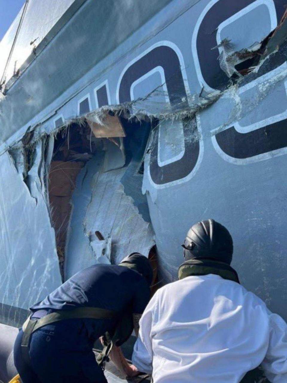 HMS Bangor was left with a large rip along its side after the collision