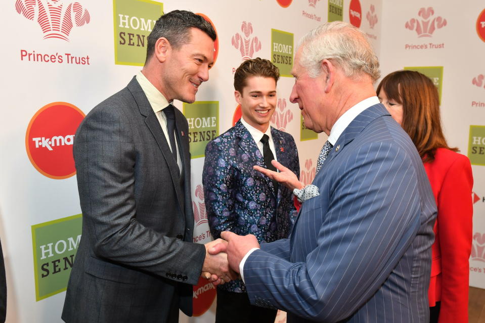 LONDON, ENGLAND - MARCH 13: Prince Charles, Prince of Wales meets Luke Evans at the annual Prince's Trust Awards at the London Palladium on March 13, 2019 in London, England. (Photo by Dominic Lipinski - WPA Pool/Getty Images)