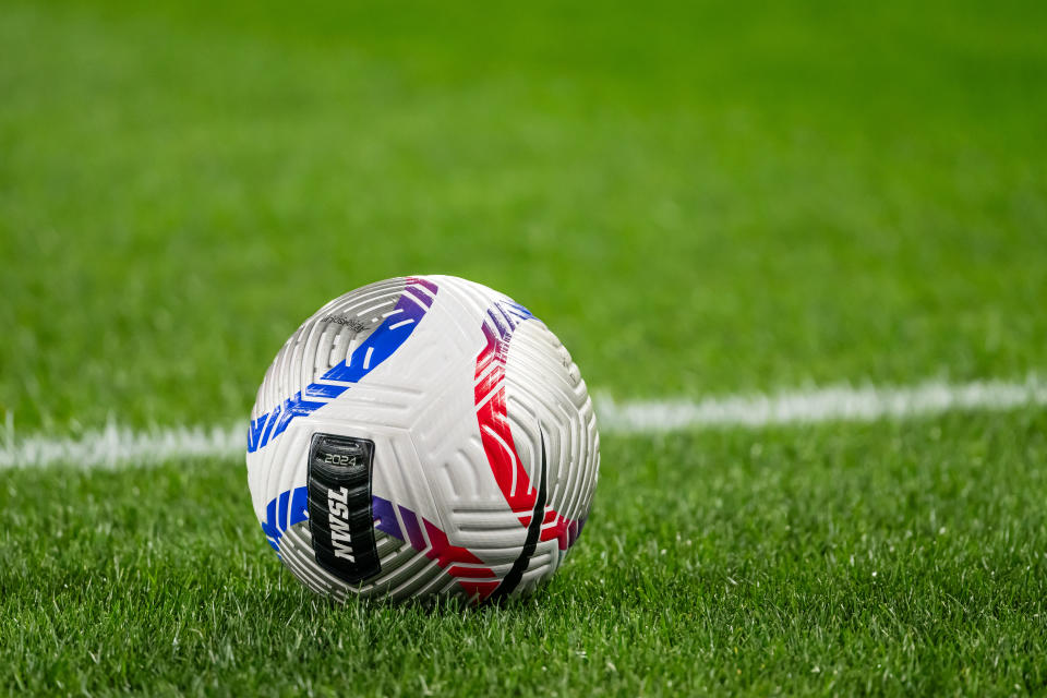 HARRISON, NJ - MARCH 15: A NWSL soccer ball on the field before NWSL Challenge Cup between San Diego Wave FC and NJ NY Gotham City FC at Red Bull Arena on March 15, 2024 in Harrison, New Jersey. (Photo by Howard Smith/ISI Photos/Getty Images)