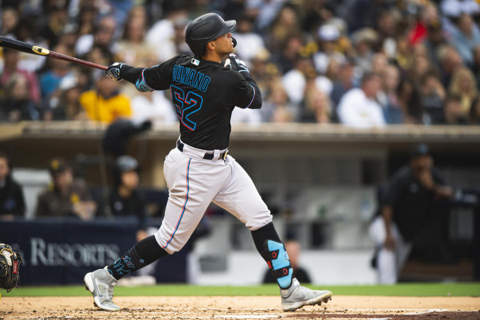 SAN DIEGO, CA - MAY 7: Joe Dunand #62 of the Miami Marlins hits his first career hit and home run in the third inning against the San Diego Padres on May 7, 2022 at Petco Park in San Diego, California. (Photo by Matt Thomas/San Diego Padres/Getty Images)