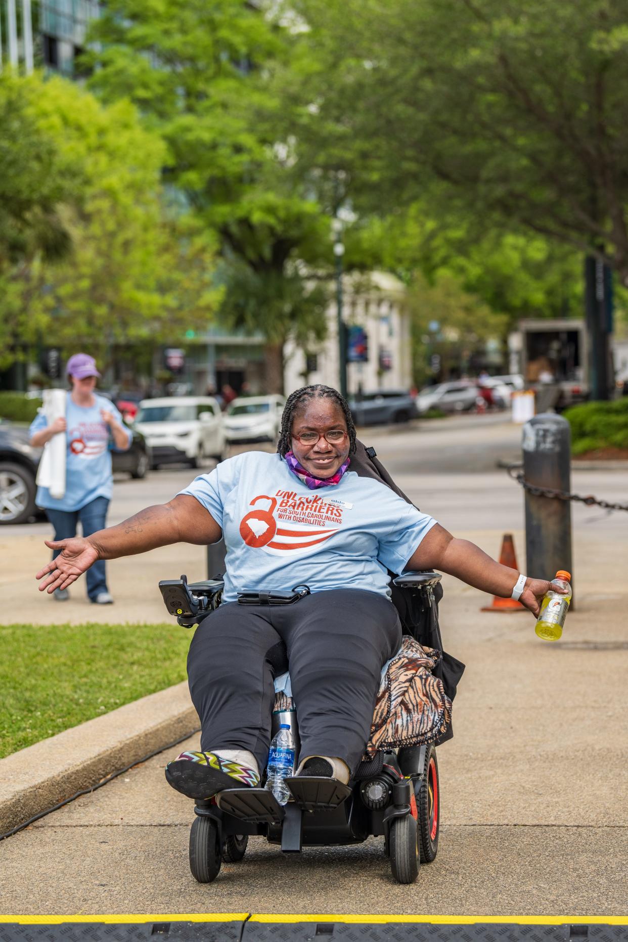 Hope Jenkins, who works at Able SC, a nonprofit group that provides independent living services to people with disabilities, attended a rally April 13, 2022, at the state capitol in South Carolina. (Photo credit: Crush Rush Photography)