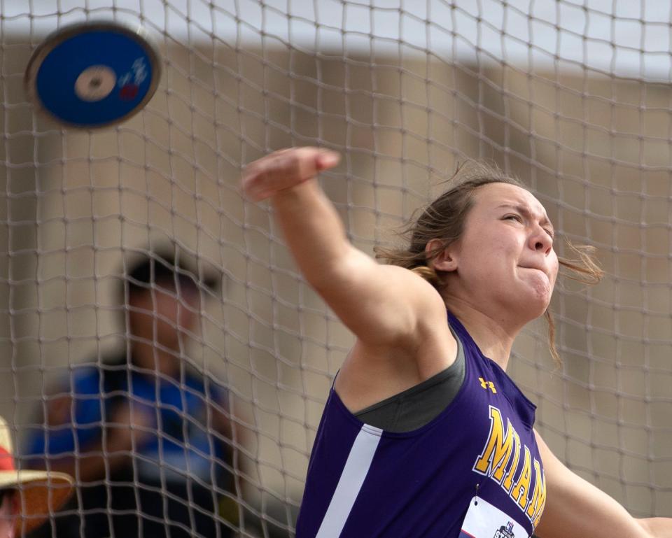 Miami's Elizabeth Gorecki competes in the Class 1A discus during the UIL State Track and Field meet, Saturday, May 14, 2022, at Mike A. Myers Stadium in Austin.