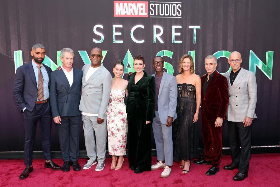 The “Secret Invasion” gang turned out in force at the El Capitan Theatre launch event in Hollywood: (Left to Right) Kingsley Ben-Adir, Ben Mendelsohn, Samuel L. Jackson, Emilia Clarke, Olivia Colman, Don Cheadle, Cobie Smulders, Dermot Mulroney and executive producer Ali Selim. (Jesse Grant/Getty Images for Disney)