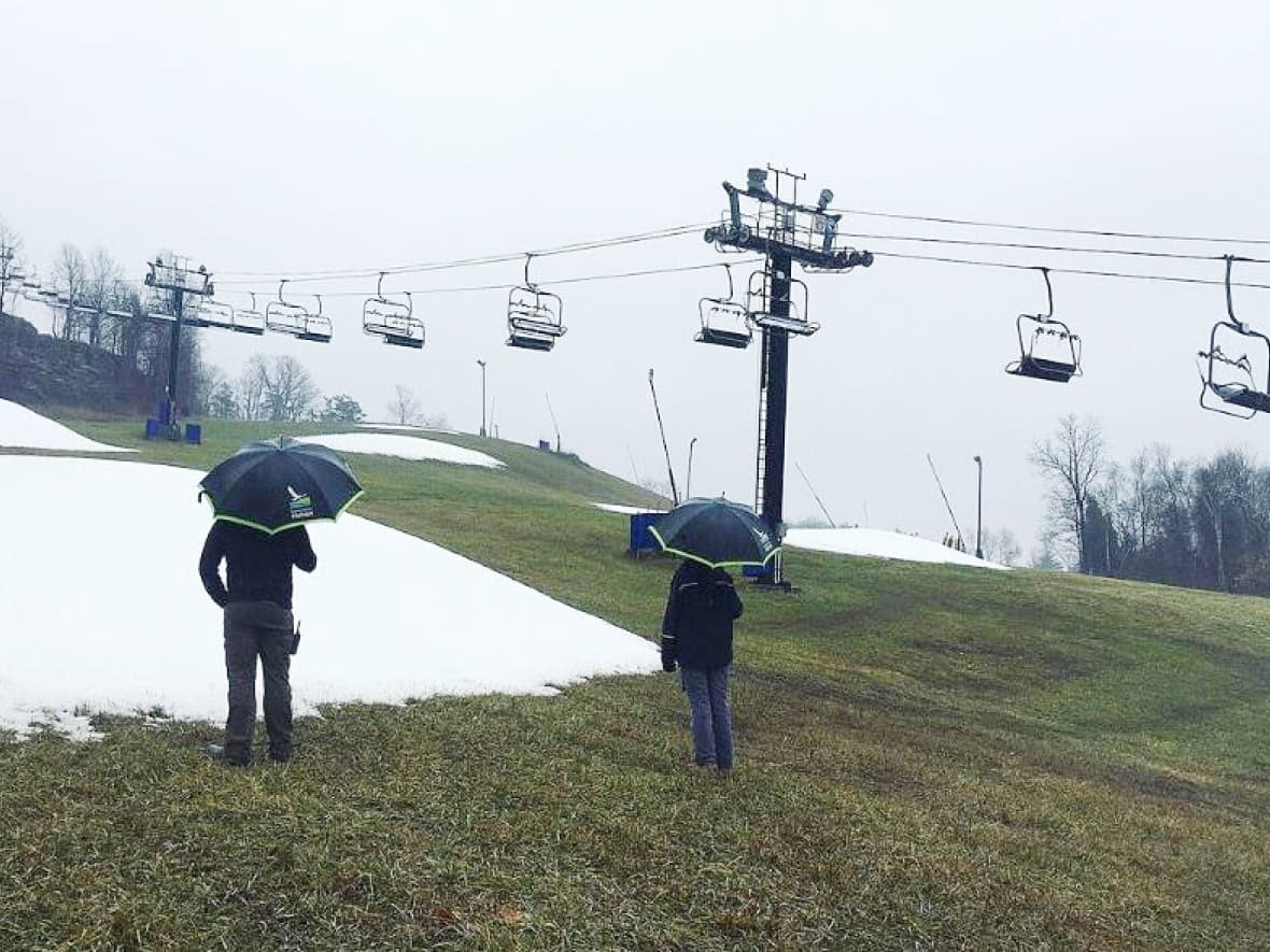 Glen Eden, a ski and snowboard resort in Milton, Ont., posted this photo to Instagram on Wednesday. The ski hill had to close Monday due to mild temperatures and rain, which made it impossible to maintain snow. (Glen Eden/Instagram - image credit)