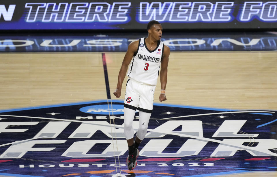San Diego State guard Micah Parrish (3) reacts to a play during the second half of a Final Four college basketball game against Florida Atlantic in the NCAA Tournament on Saturday, April 1, 2023, in Houston. (AP Photo/Godofredo A. Vasquez)