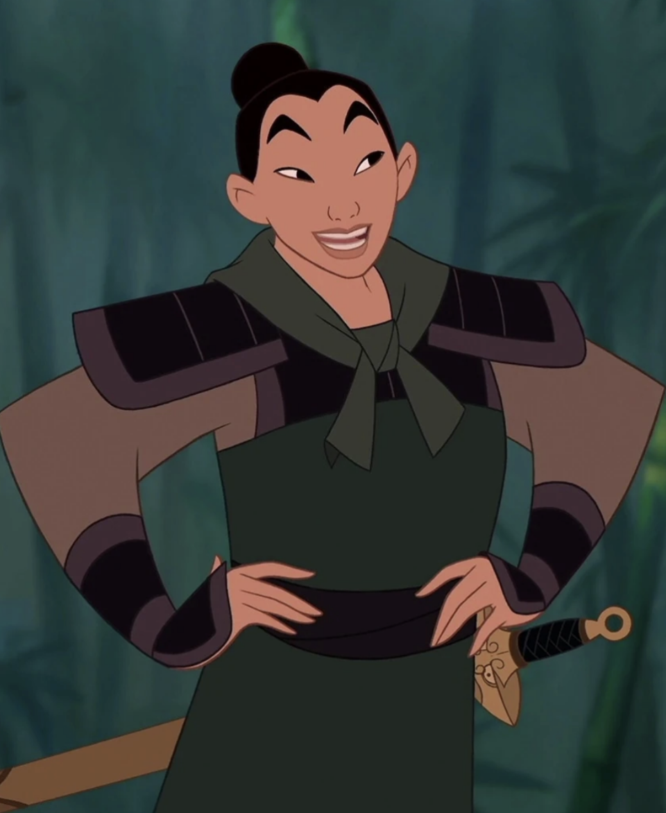 Mulan in her green armor in the animated movie