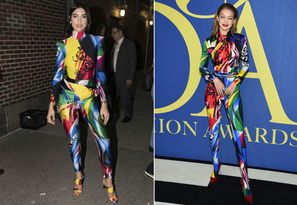 <p>El mono de licra que Gigi Hadid estrenó para triunfar en los pasados CFDA Awards es de la colección de otoño 2018 de Versace, una prenda que a Dua Lipa no le favorece tanto. (Foto: Gtres). </p>