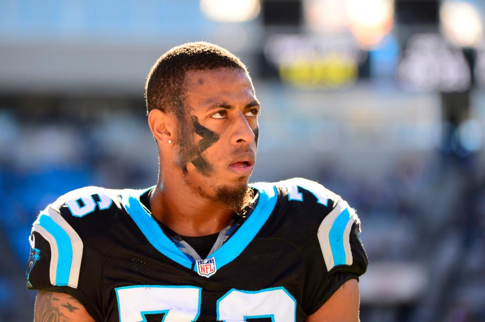 Carolina Panthers defensive end Greg Hardy on the field prior to the 2013 NFC divisional playoff football game at Bank of America Stadium on Jan 12, 2014.