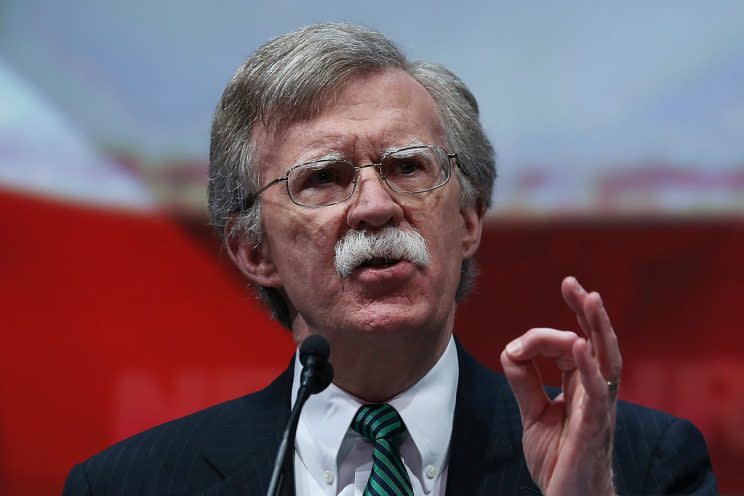 John Bolton speaks as his signature mustache looks on. (Getty Images)