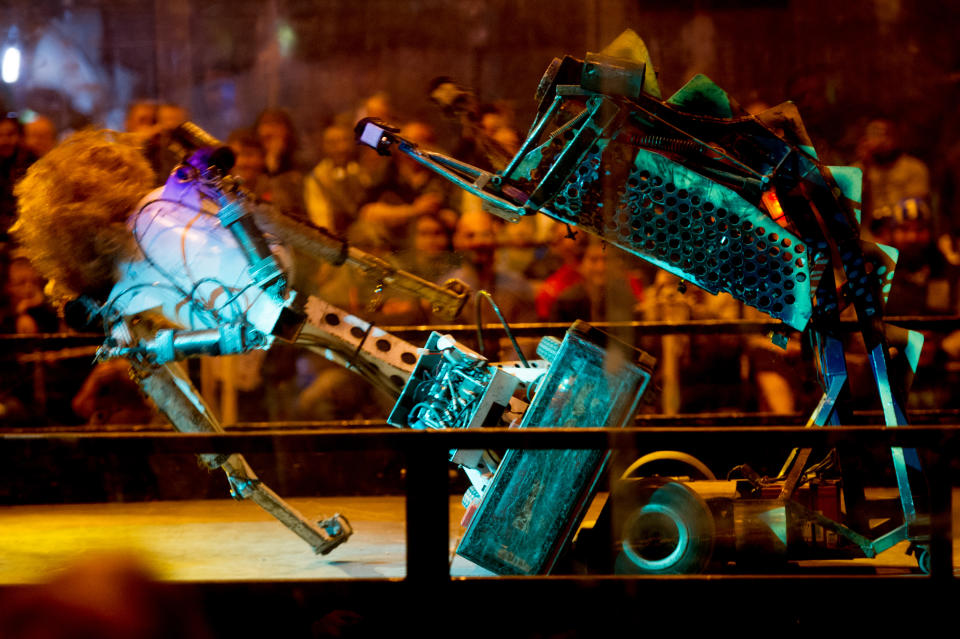 BIRMINGHAM, ENGLAND - NOVEMBER 19:  Robots clash at the Robot Wars Live show ahead of the new season of the hit TV show on The BBC during day 1 of the November Birmingham MCM Comic Con at the National Exhibition Centre (NEC) in Birmingham, UK on November 19, 2016 in Birmingham, England.  (Photo by Ollie Millington/WireImage)