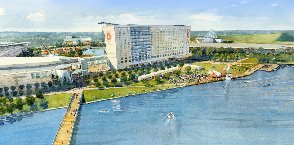 A pedestrian bridge over the Oklahoma River, to be built as part of MAPS 4, will connect the $400 million OKANA resort and $175 million First Americans Museum (foreground, to the left) with the Boathouse District, RiverSport and Bricktown.