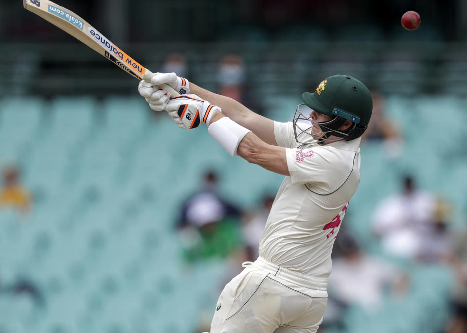 Australia's Steve Smith bats during play on day two of the third cricket test between India and Australia at the Sydney Cricket Ground, Sydney, Australia, Friday, Jan. 8, 2021. (AP Photo/Rick Rycroft)