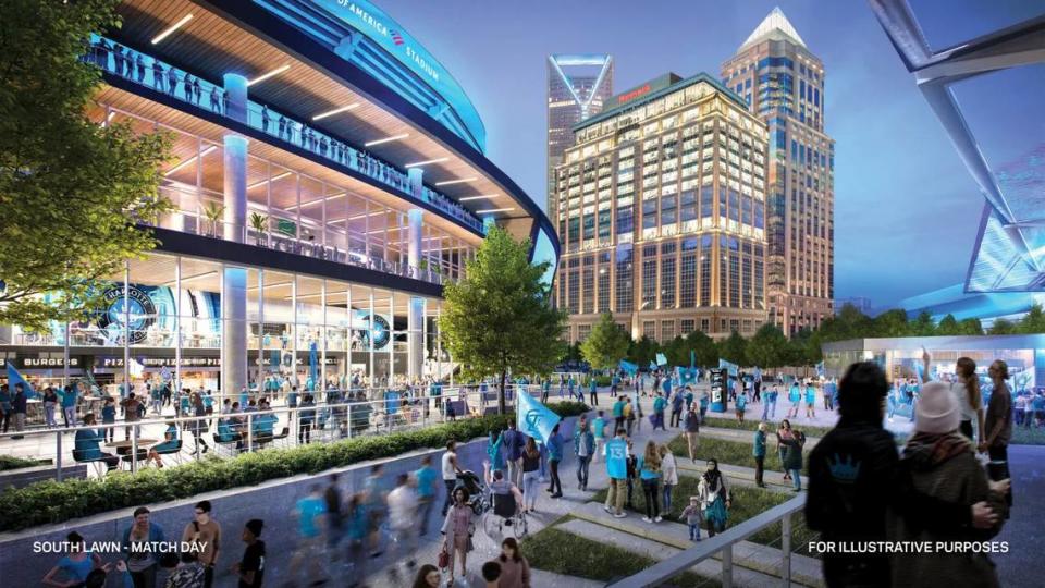 Stadium renovations unveiled Monday by Tepper Sports Entertainment ask for the city of Charlotte to pitch in $650 million. This rendering shows the “south lawn” after renderings are complete.