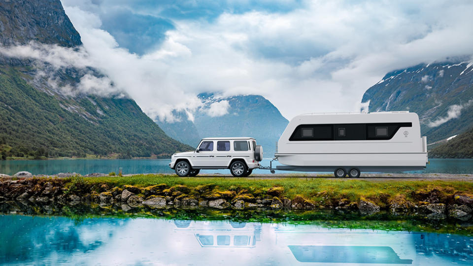 The Caracat catamaran camper is being pulled by a Mercedes-Benz G-Wagen - Credit: Caracat