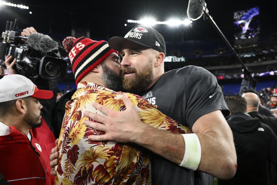 Jason Kelce embraces his brother Kansas City Chiefs tight end Travis Kelce after the AFC Championship NFL football game against the Baltimore Ravens, Sunday, Jan. 28, 2024, in Baltimore. The Chiefs won 17-10. (AP Photo/Nick Wass)