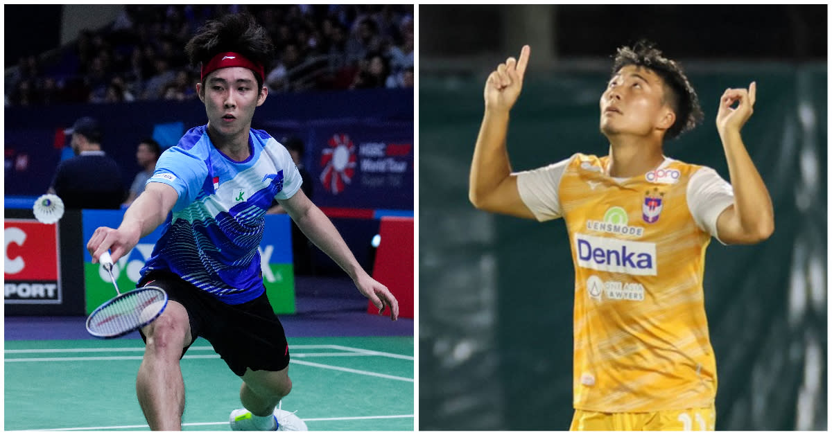 (From left) Singapore shuttler Loh Kean Yew in action at the French Open, and Albirex Niigata's Kodai Tanaka celebrates scoring in the Singapore Cup. (PHOTOS: Getty Images/Singapore Premier League)