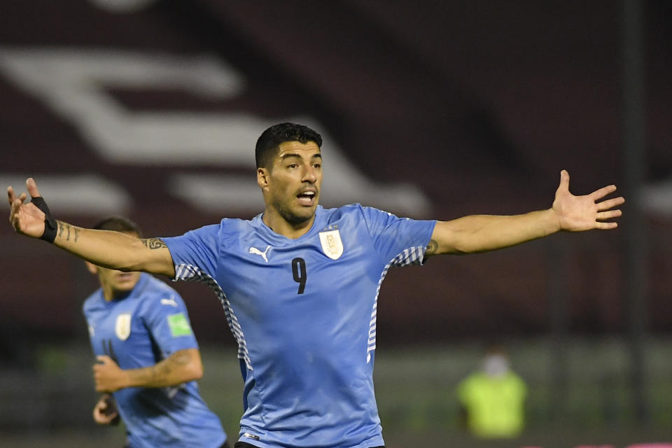 Uruguay's Luis Suarez reacts during a qualifying soccer match for the FIFA World Cup Qatar 2022 against Venezuela in Caracas, Venezuela, Tuesday, June 8, 2021. (AP Photo/Matias Delacroix, Pool)