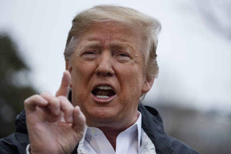 In this March 8, 2019 file photo, President Donald Trump talks with reporters outside the White House in Washington. As a presidential candidate, Donald Trump promised not to cut Social Security, Medicare, or Medicaid. In the White House, Trump went back on his promise not to cut Medicaid. Now he’s being criticized for steep Medicare payment cuts to hospitals in his new budget. The head of a major hospital association says in a blog that the impact on care for seniors would be “devastating.” The White House says it’s not cutting Medicare but making better use of taxpayers’ dollars. (AP Photo/ Evan Vucci)