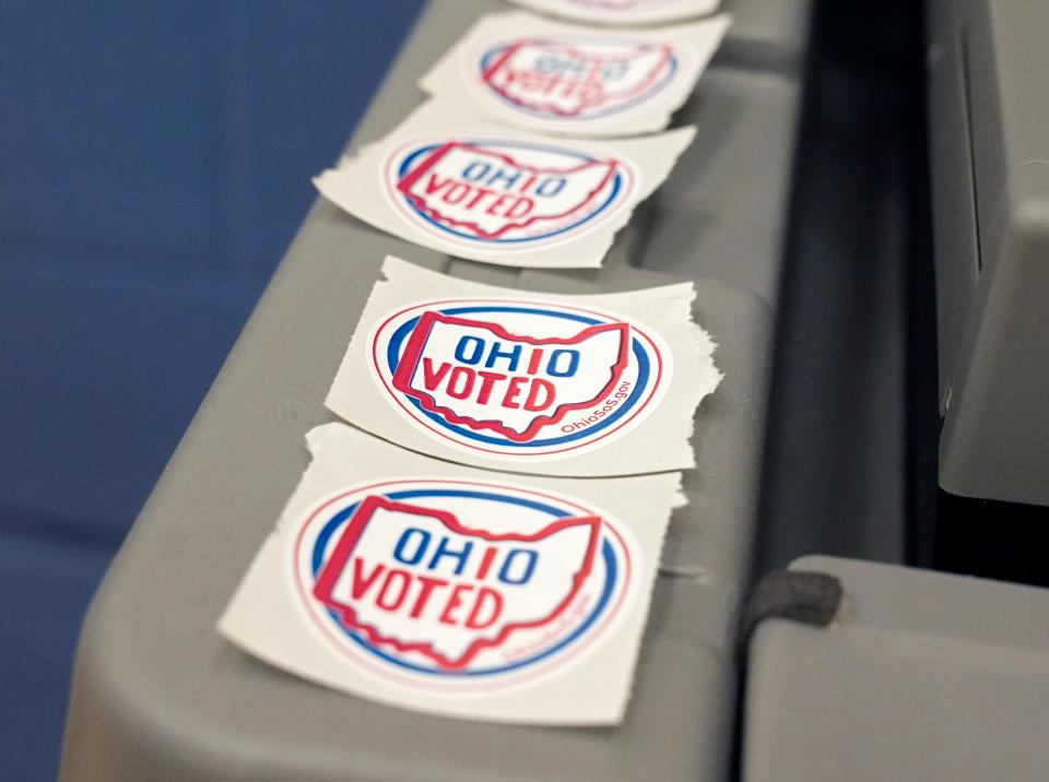 "Ohio Voted" stickers are lined up on a voting machine at Darbydale Elementary in Grove City during the May primary.