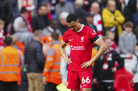 Liverpool's Trent Alexander-Arnold reacts disappointed after the English Premier League soccer match between Liverpool and Crystal Palace at Anfield Stadium in Liverpool, England, Sunday, April 14, 2024. (AP Photo/Jon Super)