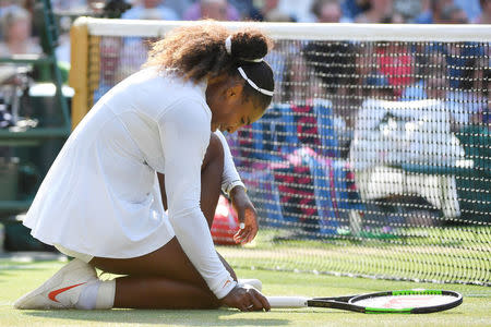 Tennis - Wimbledon - All England Lawn Tennis and Croquet Club, London, Britain - July 14, 2018. Serena Williams of the U.S. reacts during the women's singles final against Germany's Angelique Kerber . REUTERS/Toby Melville TPX IMAGES OF THE DAY