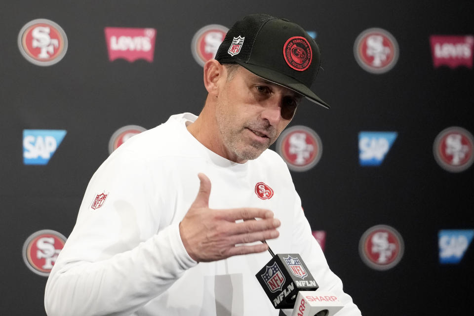 San Francisco 49ers head coach Kyle Shanahan speaks at a news conference after an NFL football NFC divisional playoff game against the Green Bay Packers on Saturday, Jan. 20, 2024, in Santa Clara, Calif. (AP Photo/Godofredo A. Vásquez)