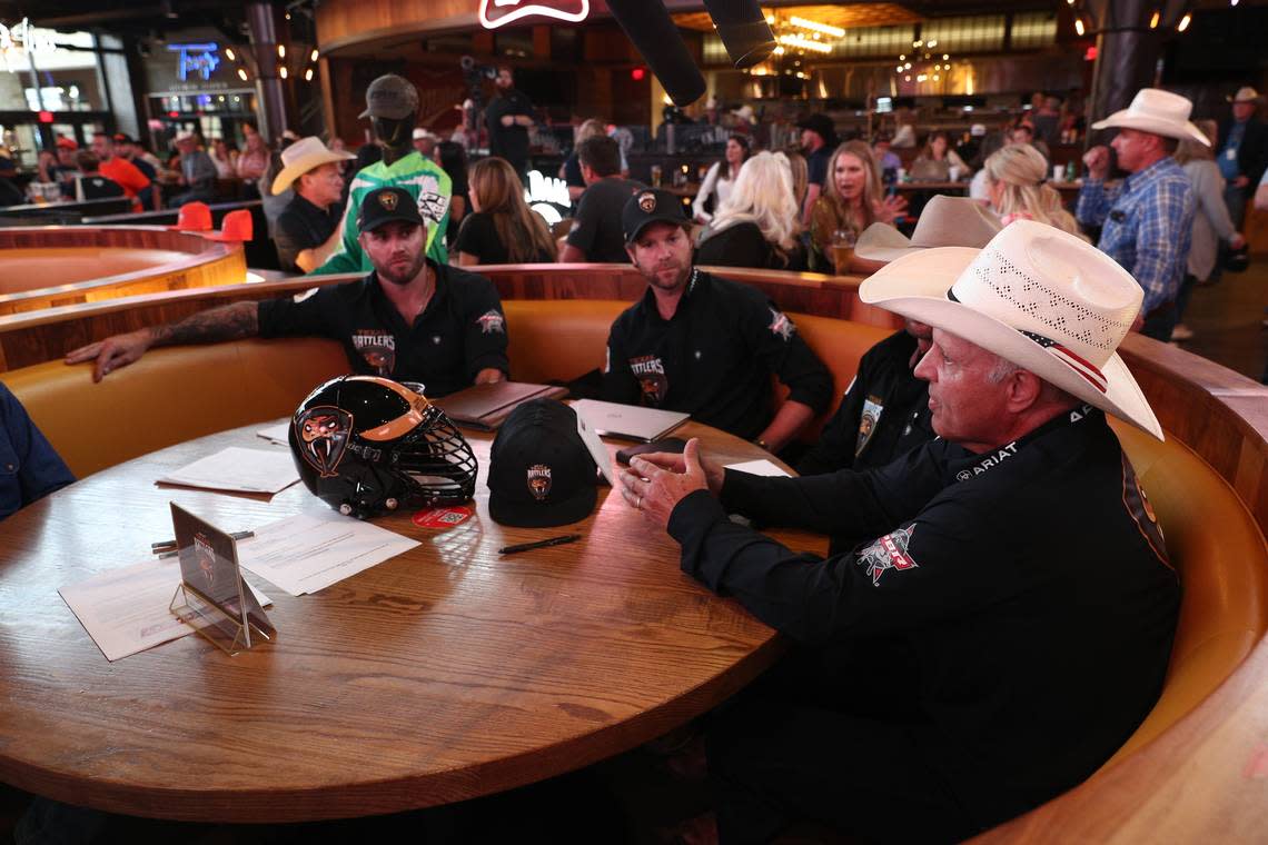 Rattlers, Mark George, Cody Lambert, during the PBR Teams Draft at Texas Live. Photo by Todd Brewer / Bull Stock Media