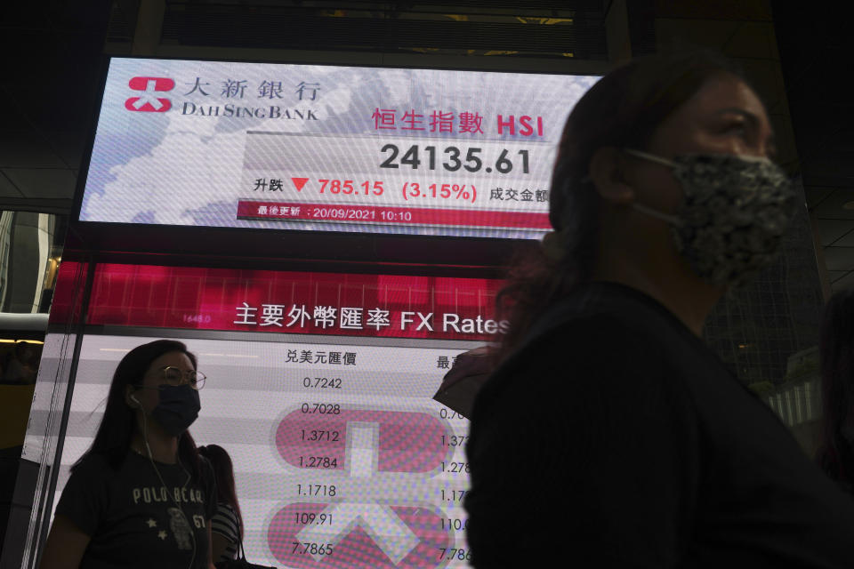 People walk past a bank's electronic board showing the Hong Kong share index at Hong Kong Stock Exchange in Hong Kong Monday, Sept. 20, 2021. Shares fell more than 3% in Hong Kong on Monday in holiday-thinned trading in Asia, with both Tokyo and Shanghai closed. (AP Photo/Vincent Yu)