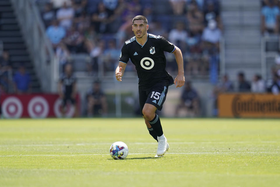 Minnesota United defender Michael Boxall controls the ball against the Portland Timbers during the first half of a MLS soccer game in Saint Paul, Minn., Saturday, July 30, 2022. (AP Photo/Abbie Parr)