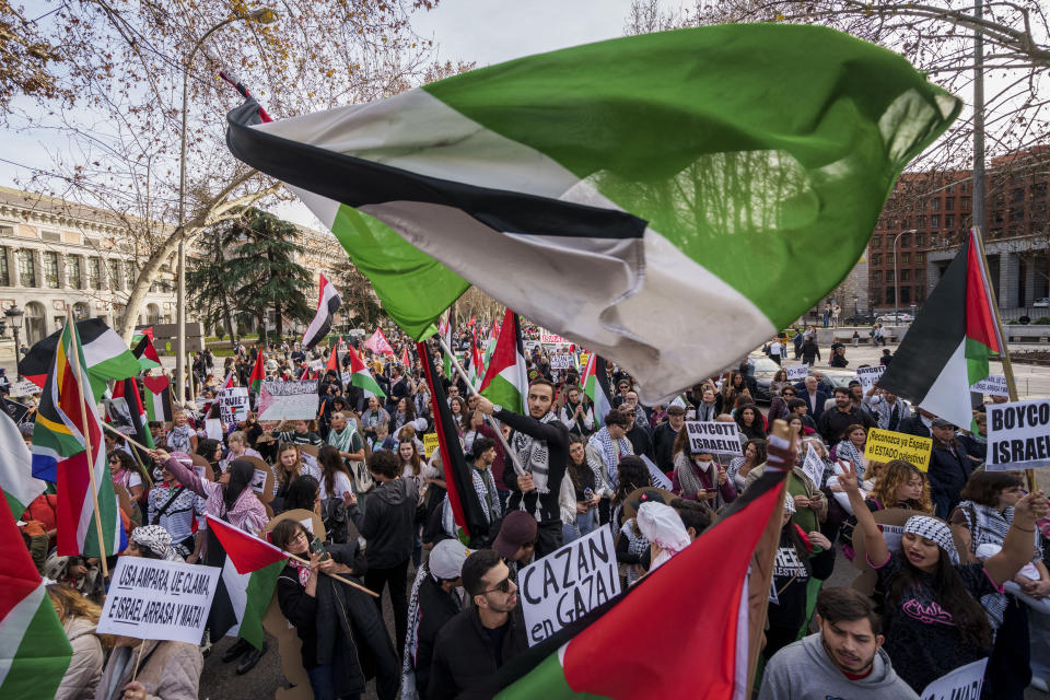 People march during a protest in support of Palestinians and calling for an immediate ceasefire in Gaza in downtown Madrid, Spain, Saturday, Jan. 27, 2024. (AP Photo/Manu Fernandez)