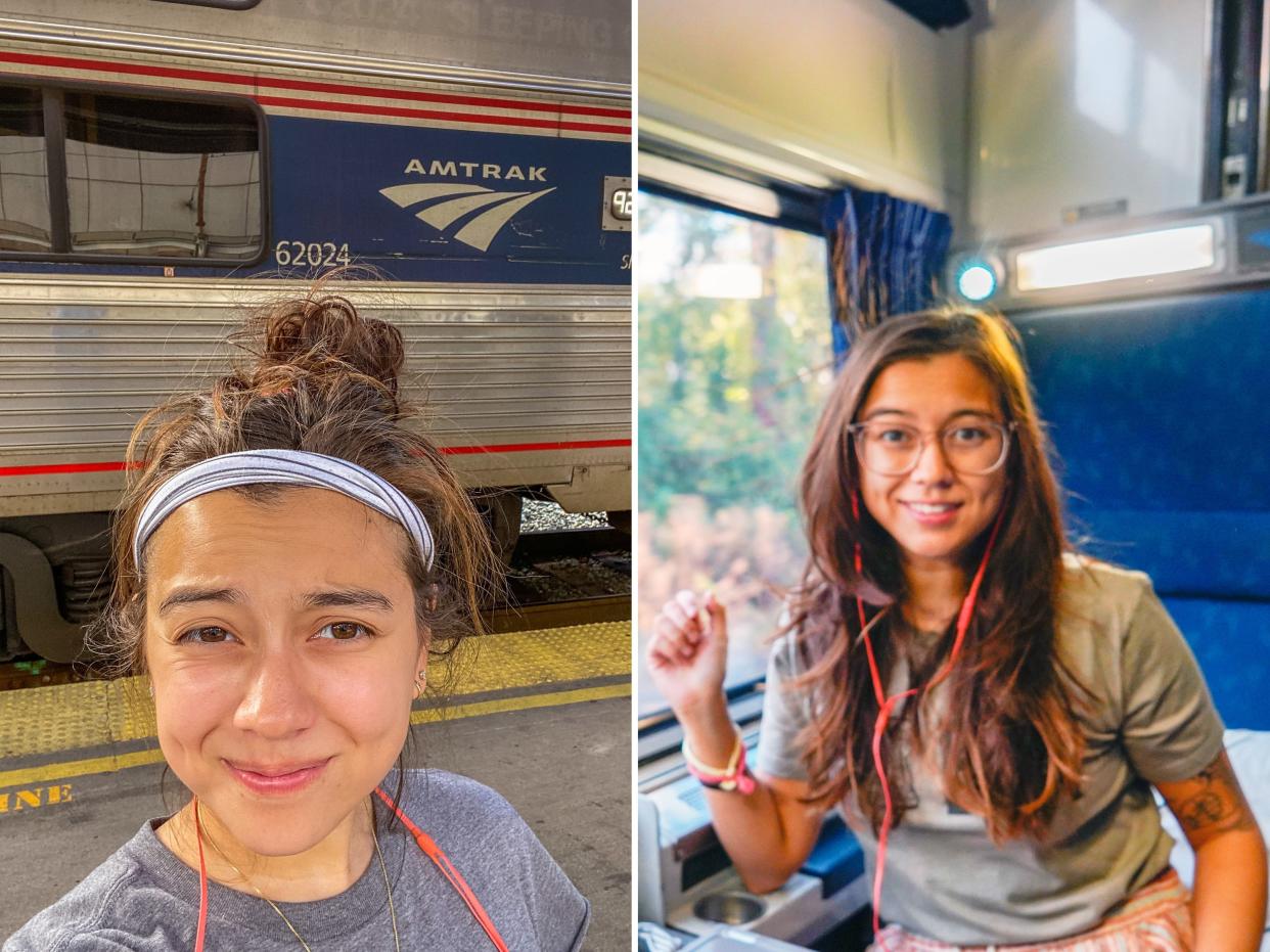The author outside (L) and inside (R) the Amtrak train