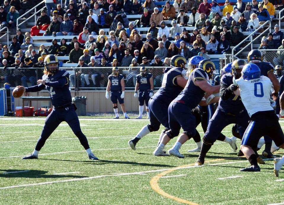 Shepherd's Tyson Bagent looks for an open receiver against Notre Dame during their NCAA Division II second-round playoff game.