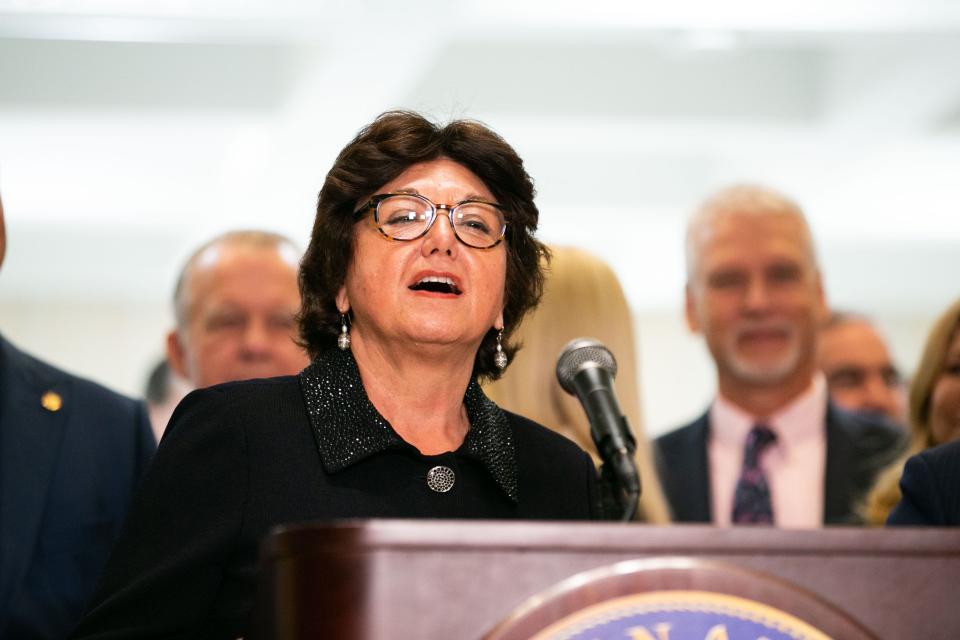 Senate President Kathleen Passidomo gives brief remarks on the success of the 2023 legislative session following the hanky drop Friday, May 5, 2023. 