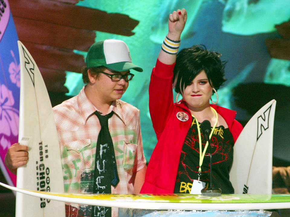 Jack and Kelly (R) Osbourne, children of rock star [Ozzy Osbourne], accept their award for Choice TV Reality Show for "The Osbournes" at the Teen Choice Awards taping August 4, 2002 in Los Angeles. The awards show will be telecast August 19 on the Fox television network in the United States.